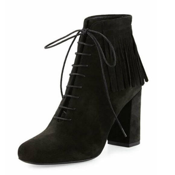 Saint Laurent Black Suede Fringed Ankle Boots - Picture 1 of 9